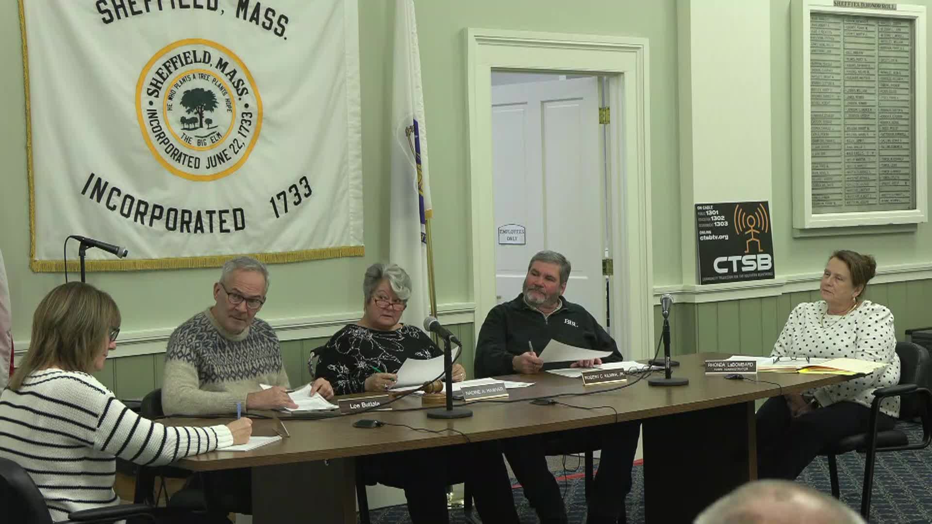 Thumbnail image for Town of Sheffield Select Board Meeting, December 2, 2024.  LIVE, from Sheffield Town Hall on CTSB Channel 1303, and streaming from ctsbtv.org/Channel 1303.