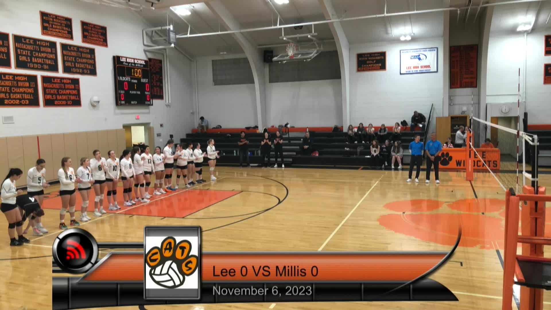 Thumbnail image for Sports Weekly presents "Girls' Volleyball, M.I.A.A. Division 5 Preliminary Playoff, Millis at Lee Middle & High School -- LIVE from LMHS."  November 6, 2023.