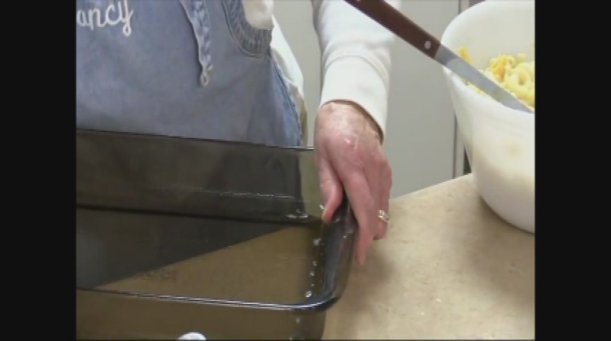 Thumbnail image for Our Kitchen.  Program #184.  "Beef Pastitsio; Asparagus & Mushrooms; Jumbo Chocolate Chip Cookie."