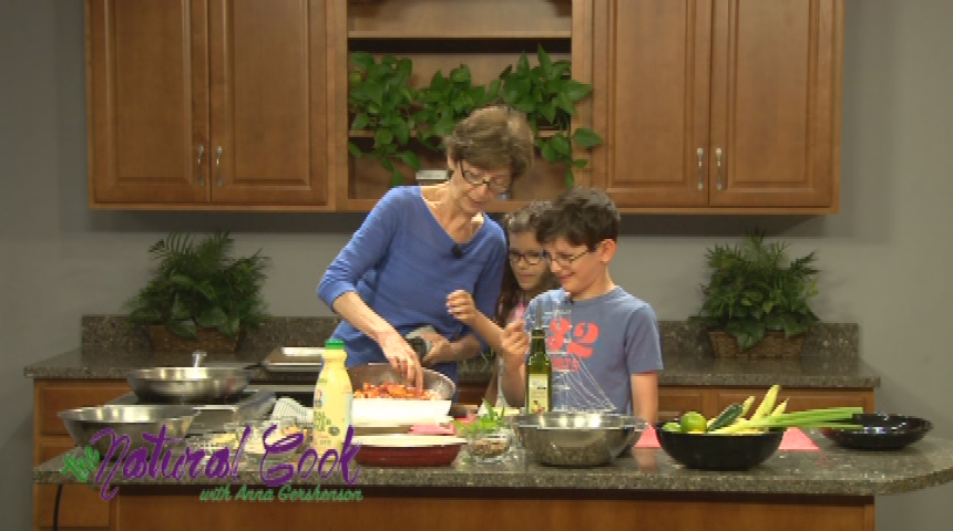 Thumbnail image for "The Natural Cook With Anna Gershenson," Episode 30.  "Raw Corn Salad with Walnuts, Mint, and Chilies; Peach Cobbler.