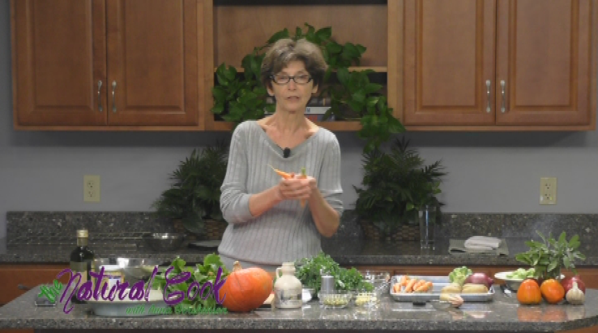 Thumbnail image for "The Natural Cook With Anna Gershenson," Episode 36.  "Red Shirt Farm Thanksgiving, Part 2 of 3:  Roasted Vegetable & Kale Salad Sides."