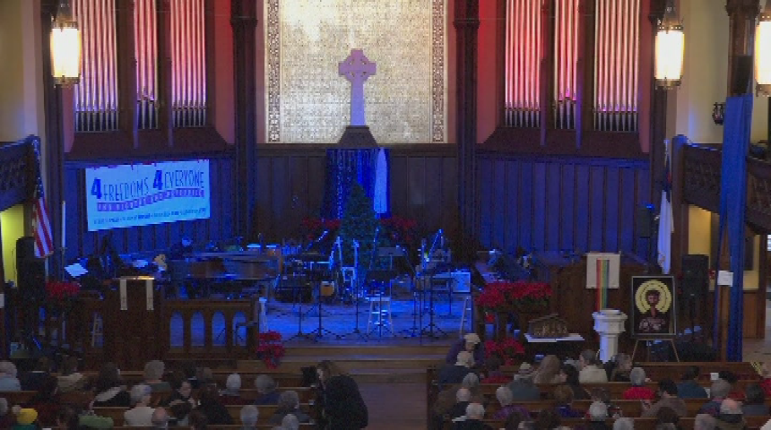 Thumbnail image for "4 Freedoms Coalition presents 'Songs and Sounds of Solidarity.'"  First Church on Park Square, Pittsfield, January 7, 2018.