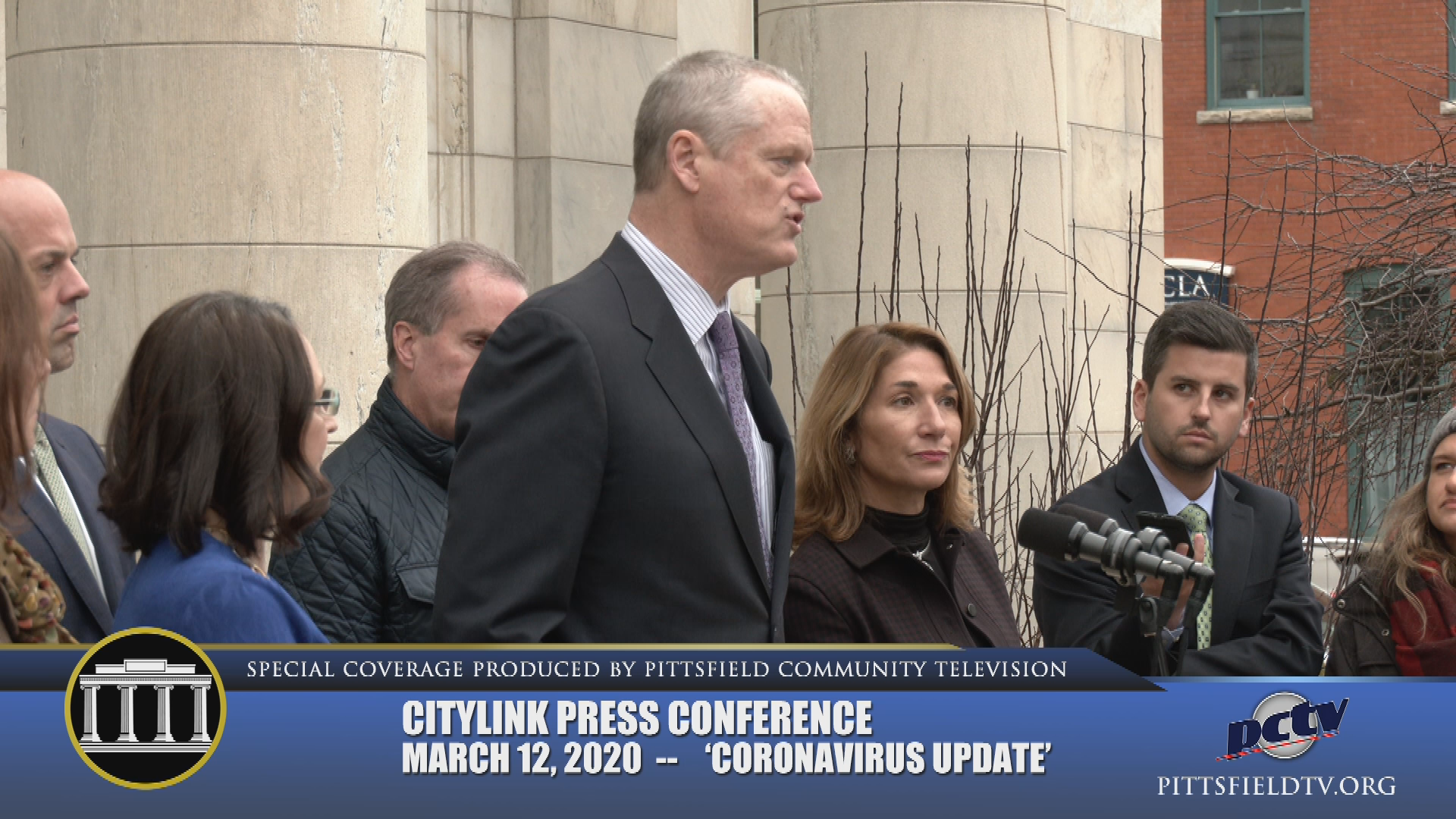 Thumbnail image for "Massachusetts Governor Charles Baker COVID-19 Coronavirus Update," from the steps of Pittsfield City Hall, March 12, 2020, provided by 'CityLink,' Pittsfield Community Television.