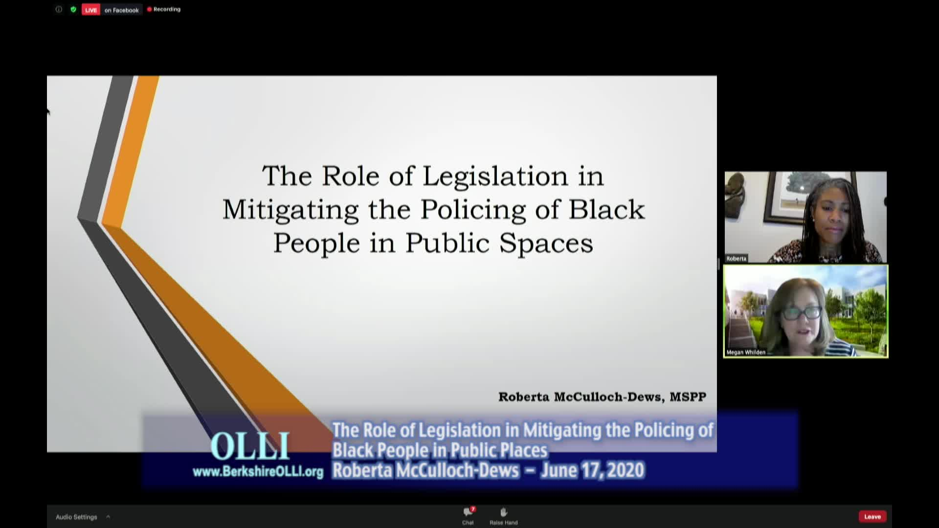 Thumbnail image for Osher Lifelong Learning Institute (OLLI).  "The Role of Legislation in Mitigating the Policing of Black People in Public Spaces," Roberta McCulloch-Dews.  June 17, 2020.