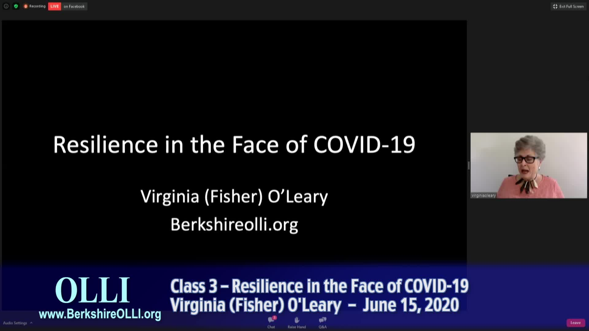 Thumbnail image for Osher Lifelong Learning Institute (OLLI):  "Resilience in the Face of COVID-19," Virginia O'Leary, Part 3 of 4, June 15, 2020.