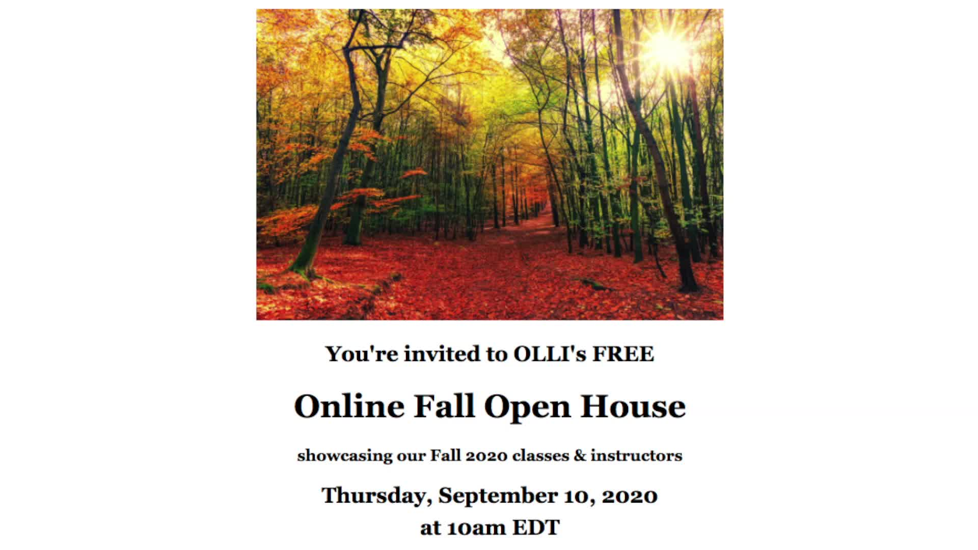 Thumbnail image for Osher Lifelong Learning Institute (OLLI).  "Online Fall 2020 Open House, September 10, 2020."