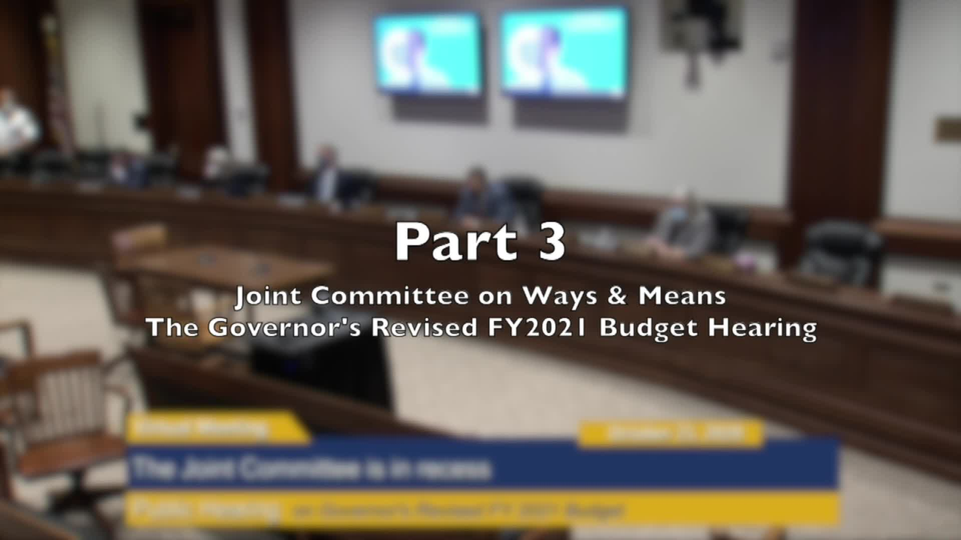 Thumbnail image for Commonwealth of Massachusetts State House.  Joint Committee on Ways & Means, FY2021 Budget Virtual Public Hearing, Part 3 of 4, October 21, 2020.