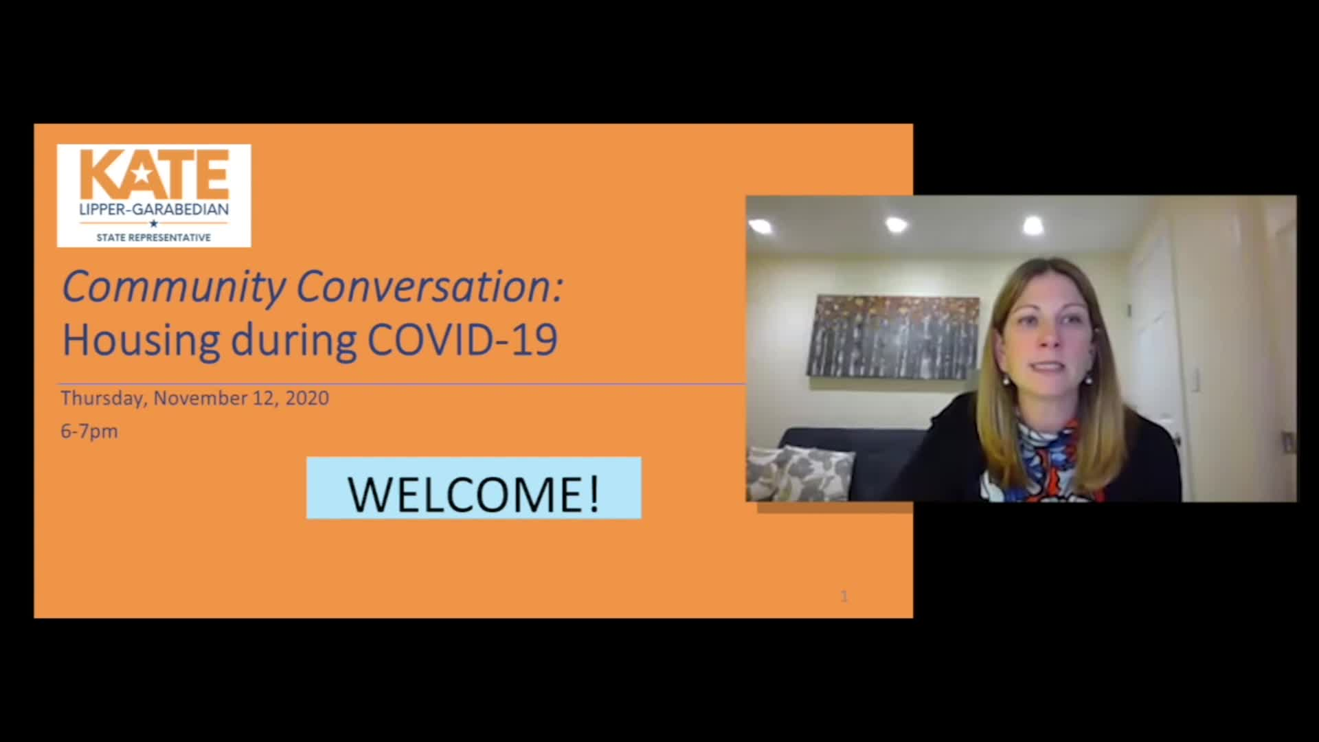 Thumbnail image for Commonwealth of Massachusetts State House.  Massachusetts State Representative Kate Lipper-Garabedian, Remote Community Conversation:  Housing during COVID-19, November 12, 2020.